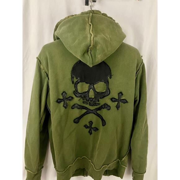 Affliction Green Skull Hoodie Full Zip Light Jacket M Grunge Y2K Distressed Mens - Picture 12 of 16